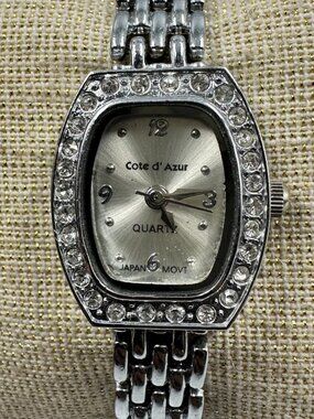 3/$30 Cote D'Azur Watch Women Silver Tone Crystal Bezel 19MM Case  6.5"